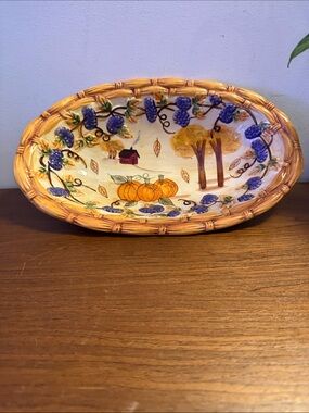 Hand-Painted Ceramic Harvest Oval Serving Bowl - Yellow, Orange, Purple